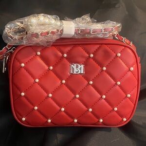 Badgley Mischka Red Quilted Crossbody Bag with Pearls